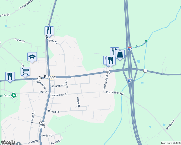 map of restaurants, bars, coffee shops, grocery stores, and more near 433 East Main Street in Biscoe