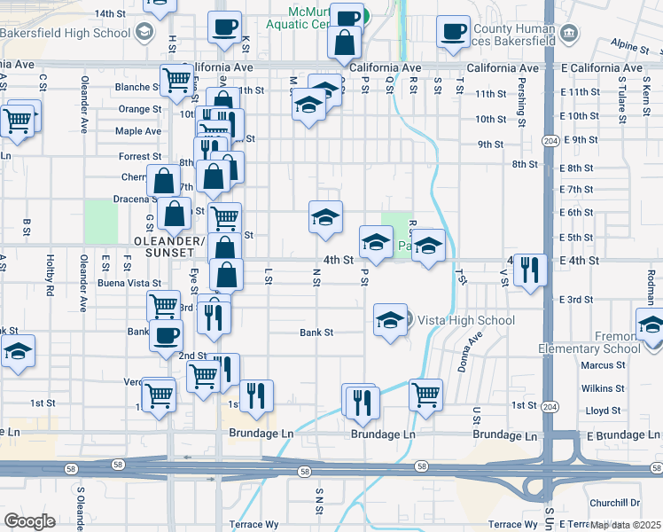 map of restaurants, bars, coffee shops, grocery stores, and more near 1015 4th Street in Bakersfield