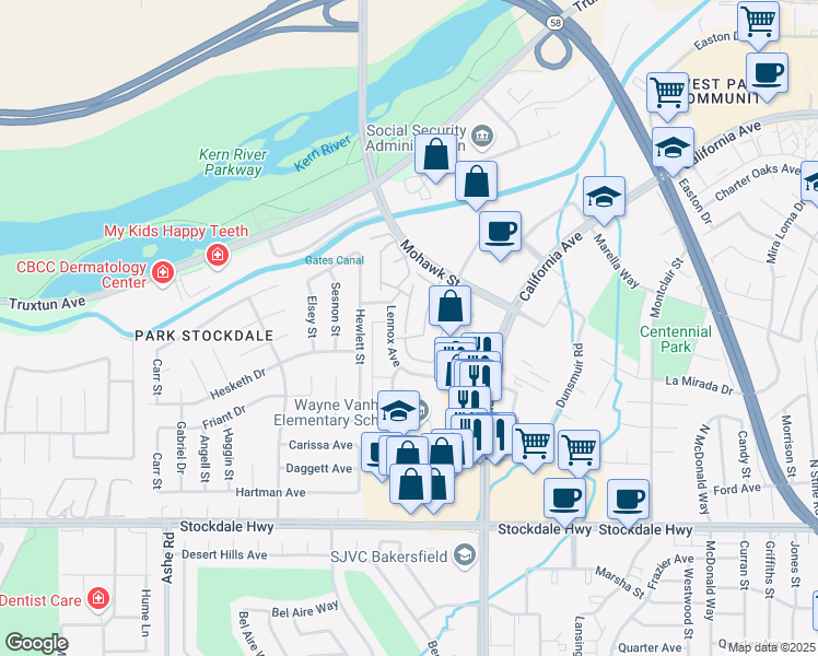 map of restaurants, bars, coffee shops, grocery stores, and more near 5500 Lennox Avenue in Bakersfield