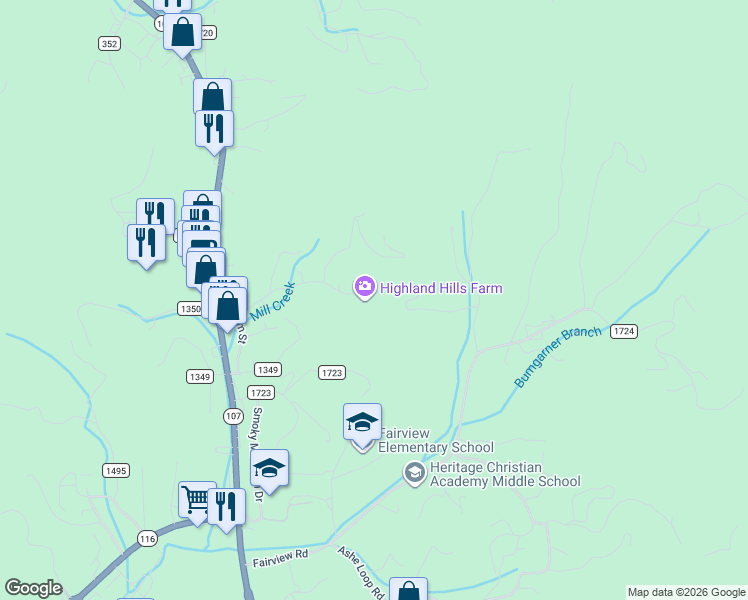 map of restaurants, bars, coffee shops, grocery stores, and more near 128 Browning Road in Sylva