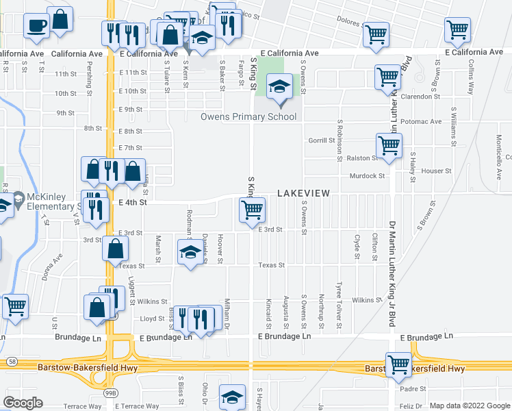 map of restaurants, bars, coffee shops, grocery stores, and more near in Bakersfield