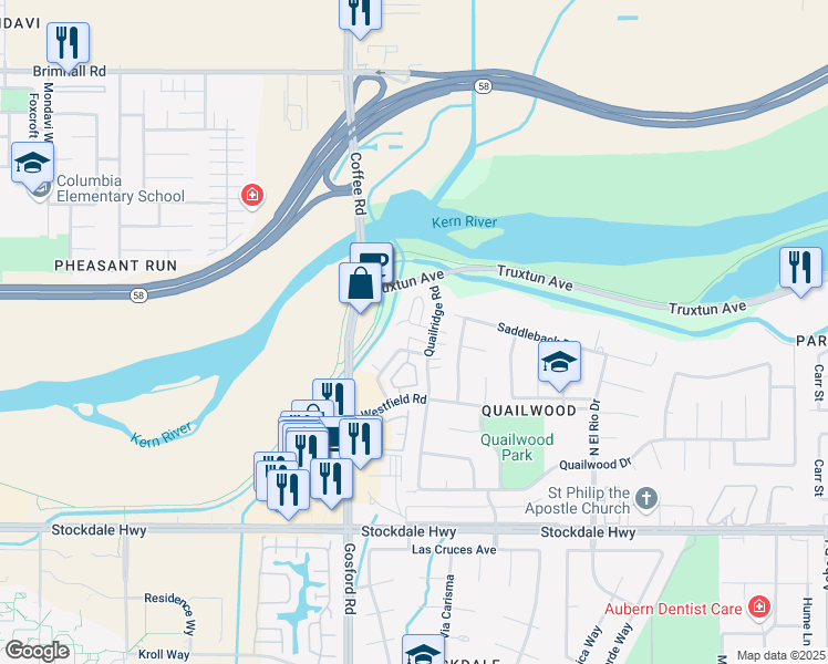 map of restaurants, bars, coffee shops, grocery stores, and more near 81736 Quail Lane in Bakersfield