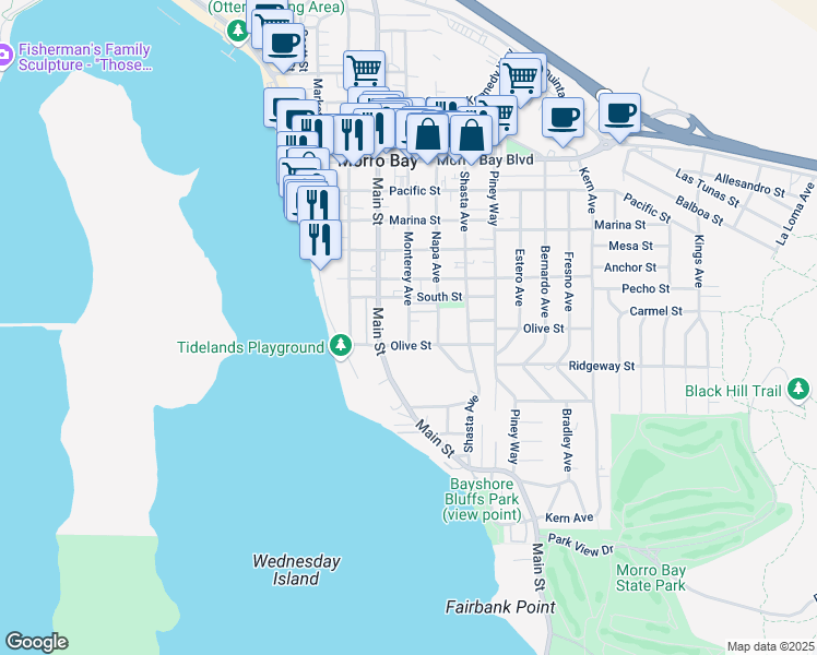 map of restaurants, bars, coffee shops, grocery stores, and more near 449 Monterey Avenue in Morro Bay
