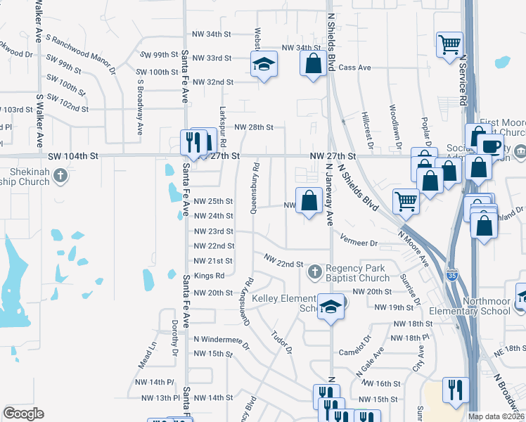 map of restaurants, bars, coffee shops, grocery stores, and more near 919 Northwest 24th Street in Moore