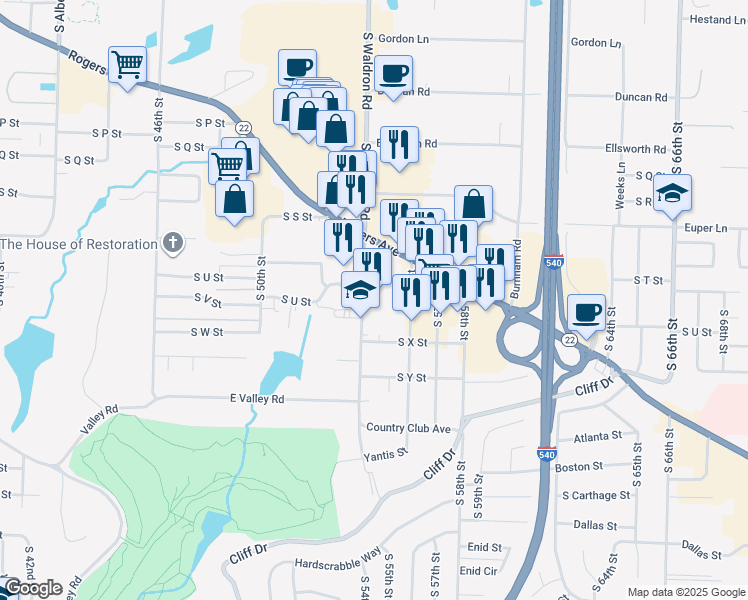 map of restaurants, bars, coffee shops, grocery stores, and more near 2219 South Waldron Road in Fort Smith