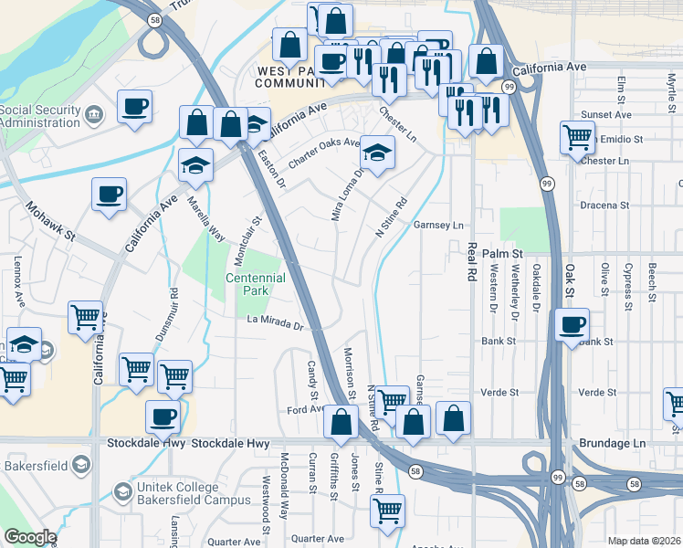 map of restaurants, bars, coffee shops, grocery stores, and more near 307 North Stine Road in Bakersfield