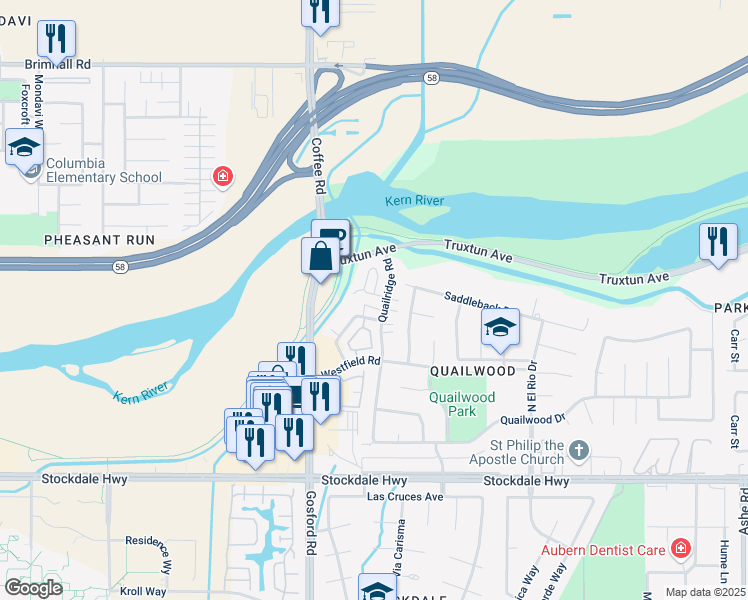 map of restaurants, bars, coffee shops, grocery stores, and more near 81736 Quail Lane in Bakersfield