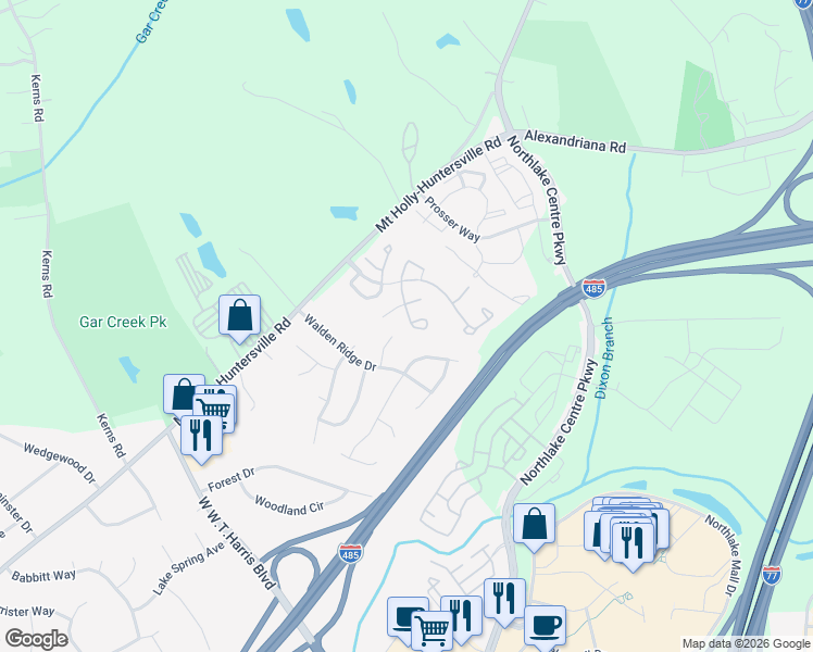 map of restaurants, bars, coffee shops, grocery stores, and more near 10626 Sleigh Bell Lane in Charlotte