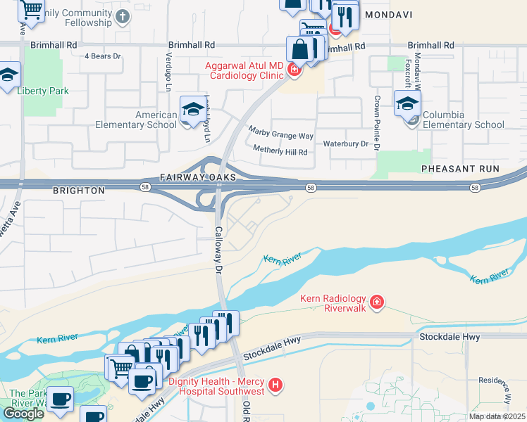 map of restaurants, bars, coffee shops, grocery stores, and more near 350 Calloway Drive in Bakersfield