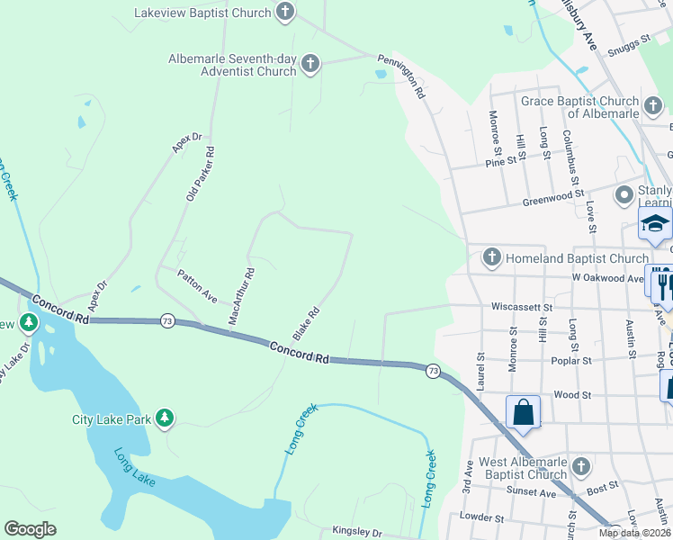 map of restaurants, bars, coffee shops, grocery stores, and more near 915 Blake Road in Albemarle