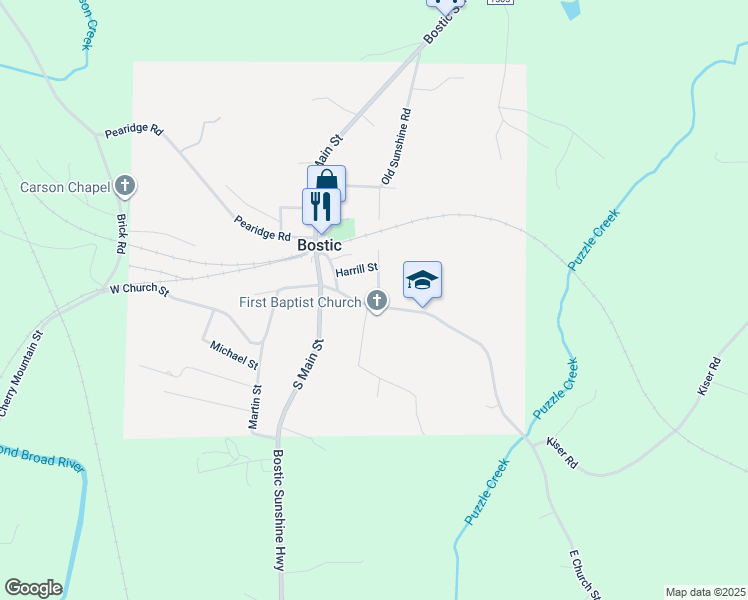 map of restaurants, bars, coffee shops, grocery stores, and more near 173 East Church Street in Bostic