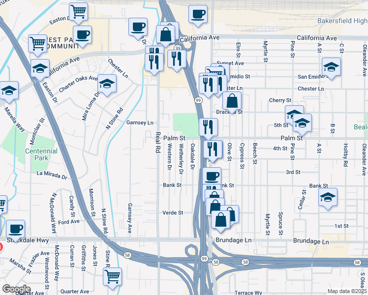 map of restaurants, bars, coffee shops, grocery stores, and more near 357 Wetherley Drive in Bakersfield