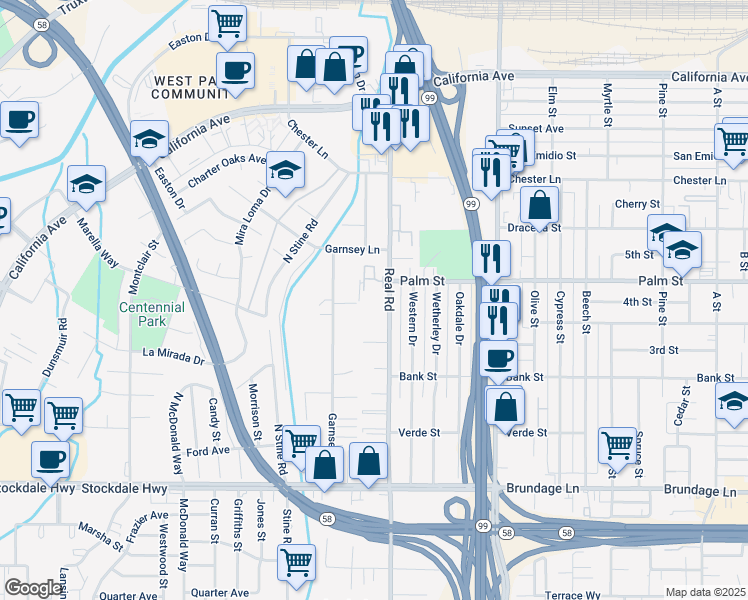 map of restaurants, bars, coffee shops, grocery stores, and more near 403 Real Road in Bakersfield