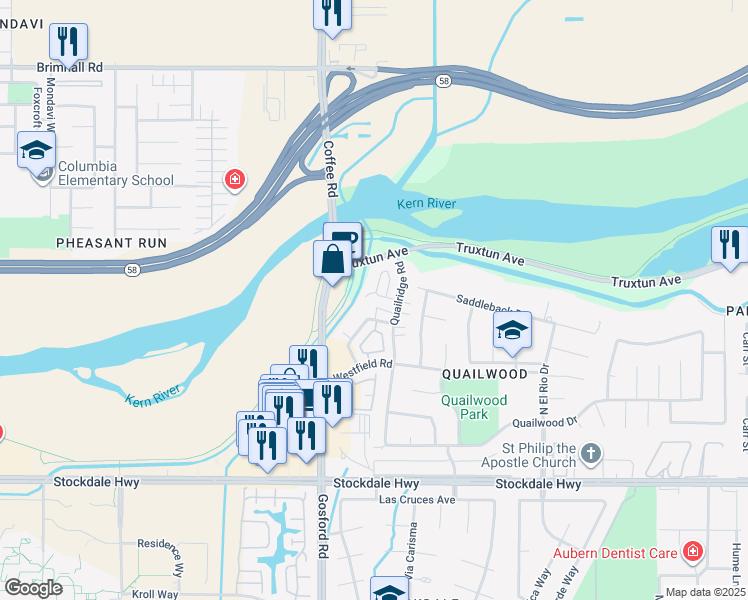 map of restaurants, bars, coffee shops, grocery stores, and more near 81736 Quail Lane in Bakersfield