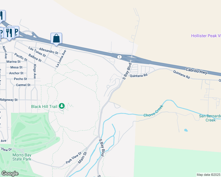map of restaurants, bars, coffee shops, grocery stores, and more near 475 South Bay Boulevard in Morro Bay