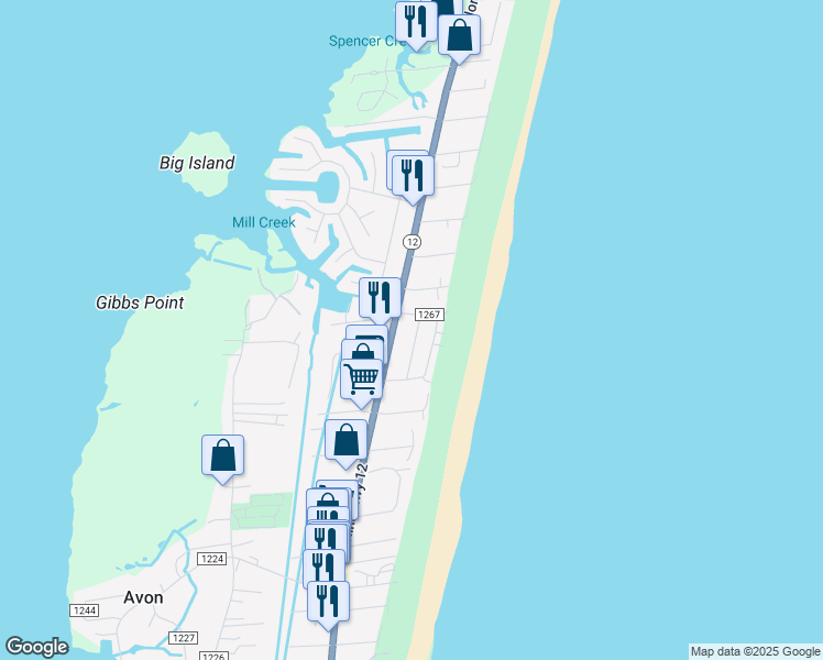 map of restaurants, bars, coffee shops, grocery stores, and more near 40037-40125 North Carolina 12 in Avon