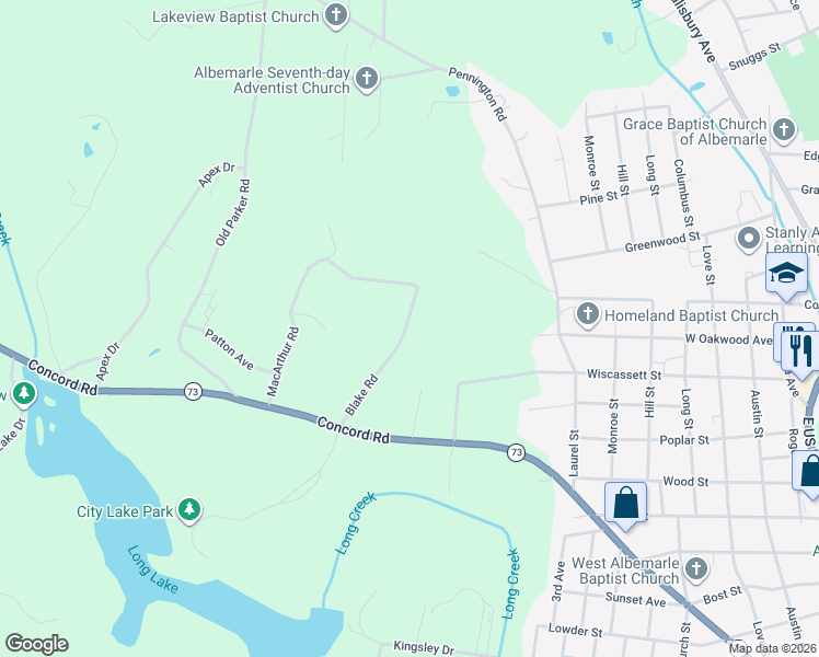 map of restaurants, bars, coffee shops, grocery stores, and more near 915 Blake Road in Albemarle