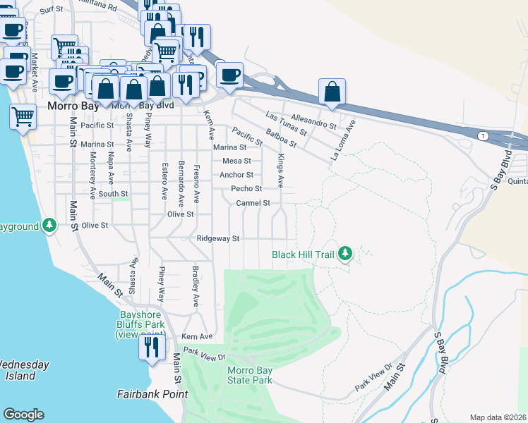 map of restaurants, bars, coffee shops, grocery stores, and more near 480 Tulare Avenue in Morro Bay
