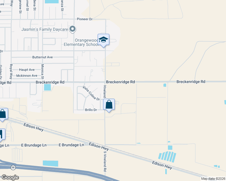 map of restaurants, bars, coffee shops, grocery stores, and more near 653 Vineland Road in Bakersfield