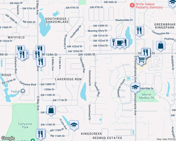 map of restaurants, bars, coffee shops, grocery stores, and more near 10800 Lakeridge Run in Oklahoma City