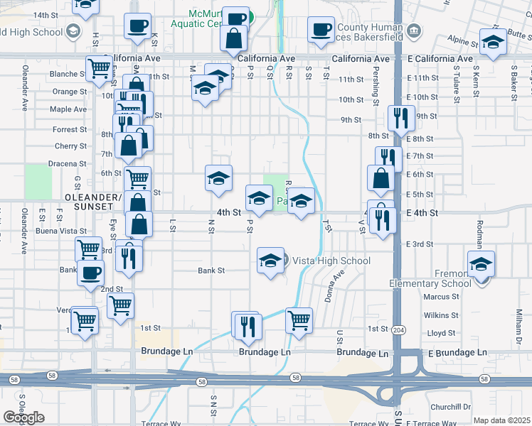 map of restaurants, bars, coffee shops, grocery stores, and more near 801 4th Street in Bakersfield
