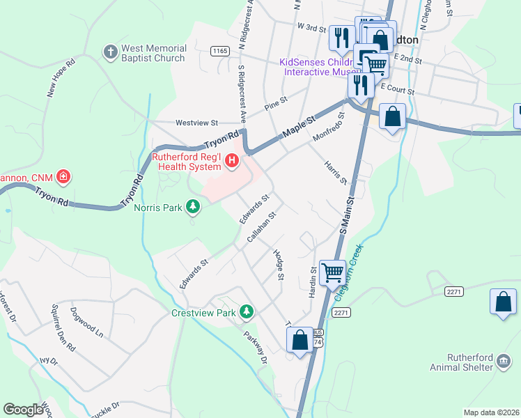 map of restaurants, bars, coffee shops, grocery stores, and more near 141 Edwards Street in Rutherfordton