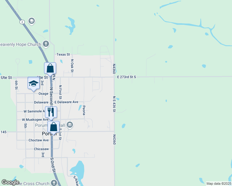 map of restaurants, bars, coffee shops, grocery stores, and more near 390 Railroad 2 in Porum