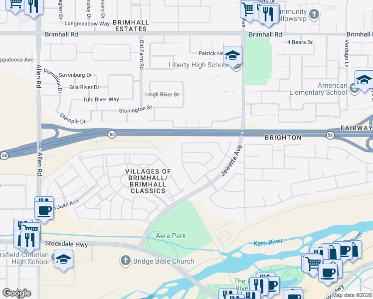 map of restaurants, bars, coffee shops, grocery stores, and more near 11713 Alton Manor Drive in Bakersfield