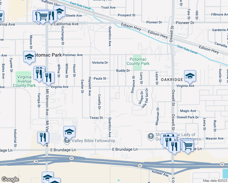 map of restaurants, bars, coffee shops, grocery stores, and more near 2707 Virginia Avenue in Bakersfield