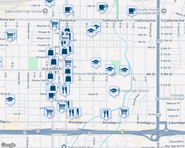 map of restaurants, bars, coffee shops, grocery stores, and more near 1104 4th Street in Bakersfield