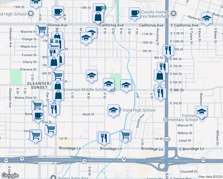 map of restaurants, bars, coffee shops, grocery stores, and more near in Bakersfield