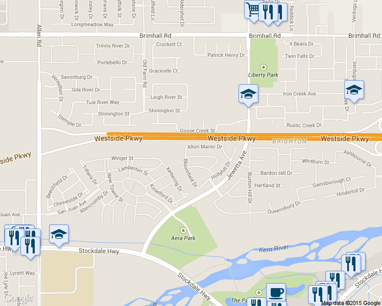 map of restaurants, bars, coffee shops, grocery stores, and more near 11713 Alton Manor Drive in Bakersfield