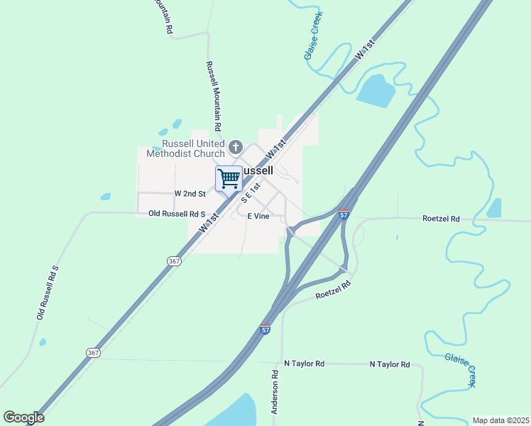 map of restaurants, bars, coffee shops, grocery stores, and more near 201 East Elm Street in Russell