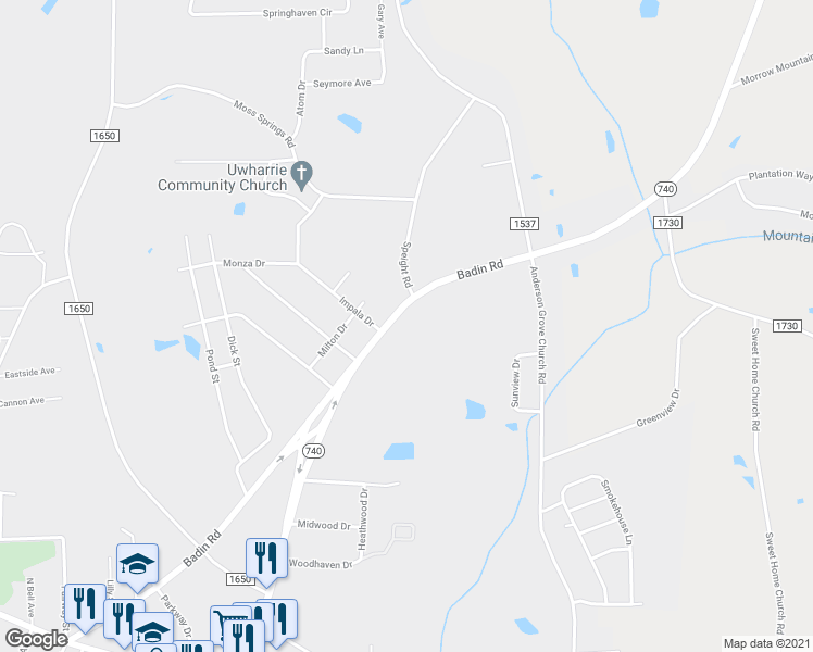 map of restaurants, bars, coffee shops, grocery stores, and more near 2304 Badin Road in Albemarle
