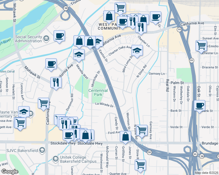 map of restaurants, bars, coffee shops, grocery stores, and more near 4405 Marella Way in Bakersfield