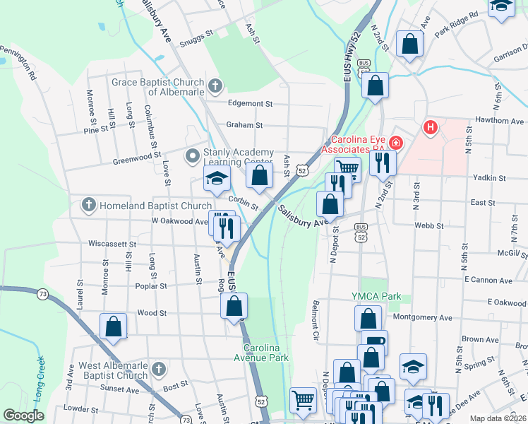 map of restaurants, bars, coffee shops, grocery stores, and more near 751 U.S. 52 in Albemarle