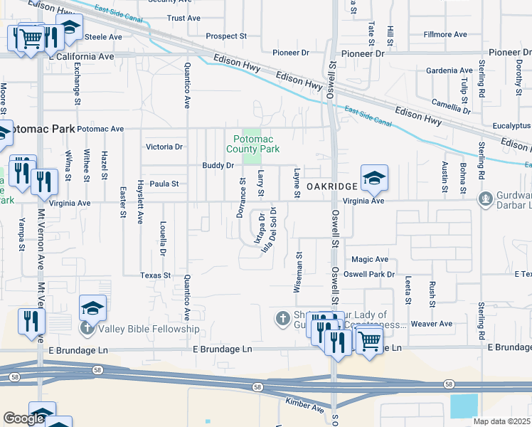 map of restaurants, bars, coffee shops, grocery stores, and more near 311 Ixtapa Drive in Bakersfield