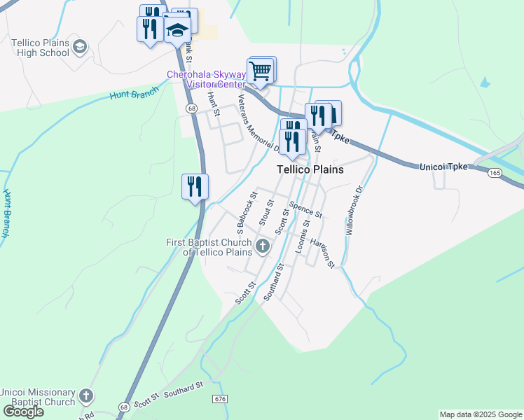 map of restaurants, bars, coffee shops, grocery stores, and more near 211 Stout Street in Tellico Plains
