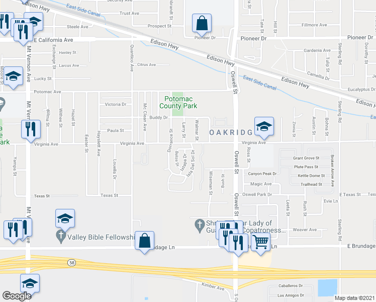 map of restaurants, bars, coffee shops, grocery stores, and more near 311 Ixtapa Drive in Bakersfield