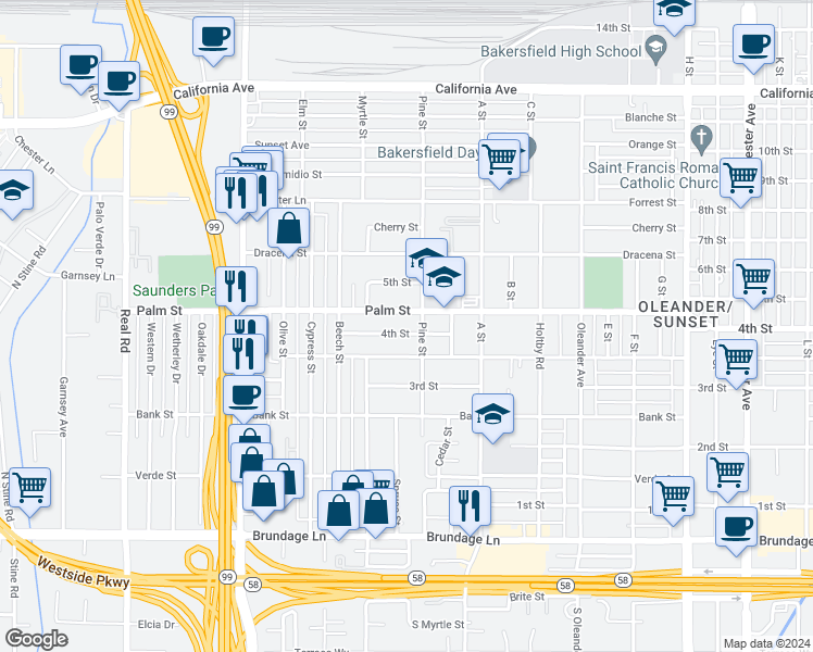 map of restaurants, bars, coffee shops, grocery stores, and more near 2616 4th Street in Bakersfield