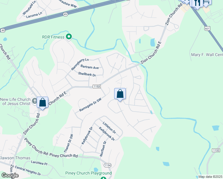 map of restaurants, bars, coffee shops, grocery stores, and more near 919 Ramsgate Drive Southwest in Concord