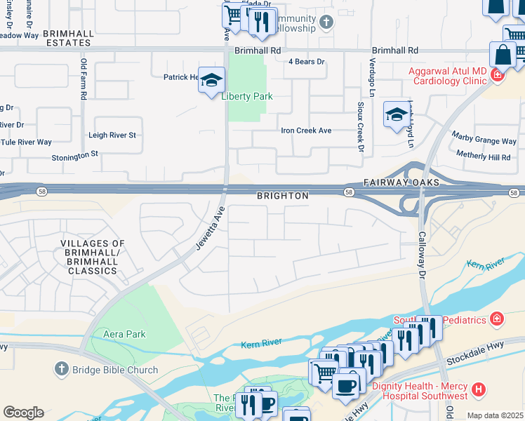 map of restaurants, bars, coffee shops, grocery stores, and more near 11001 Strathaven Street in Bakersfield
