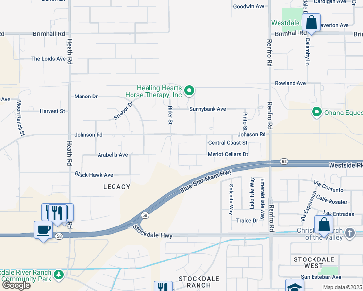 map of restaurants, bars, coffee shops, grocery stores, and more near 308 Riesling Vines Street in Bakersfield