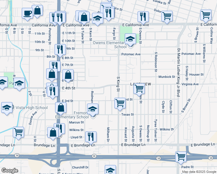 map of restaurants, bars, coffee shops, grocery stores, and more near 805 East 4th Street in Bakersfield