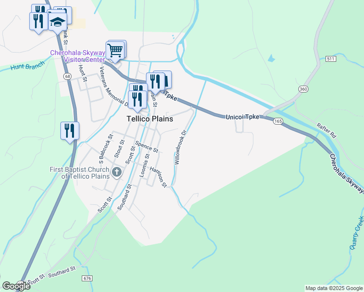 map of restaurants, bars, coffee shops, grocery stores, and more near 137 Willowbrook Drive in Tellico Plains