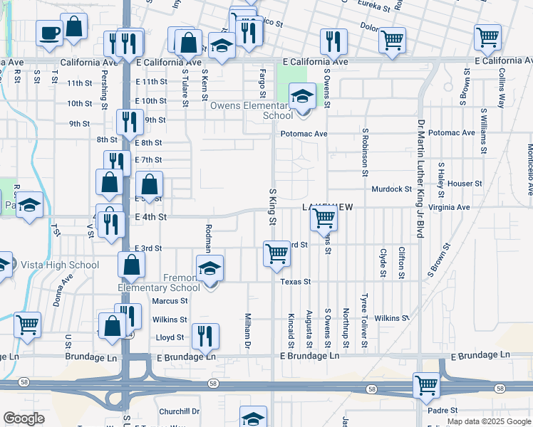 map of restaurants, bars, coffee shops, grocery stores, and more near 805 East 4th Street in Bakersfield