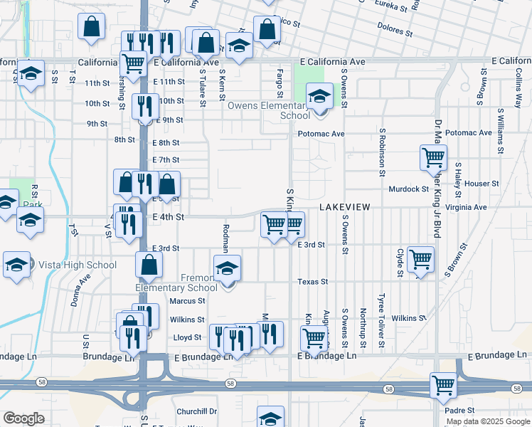 map of restaurants, bars, coffee shops, grocery stores, and more near 805 East 4th Street in Bakersfield
