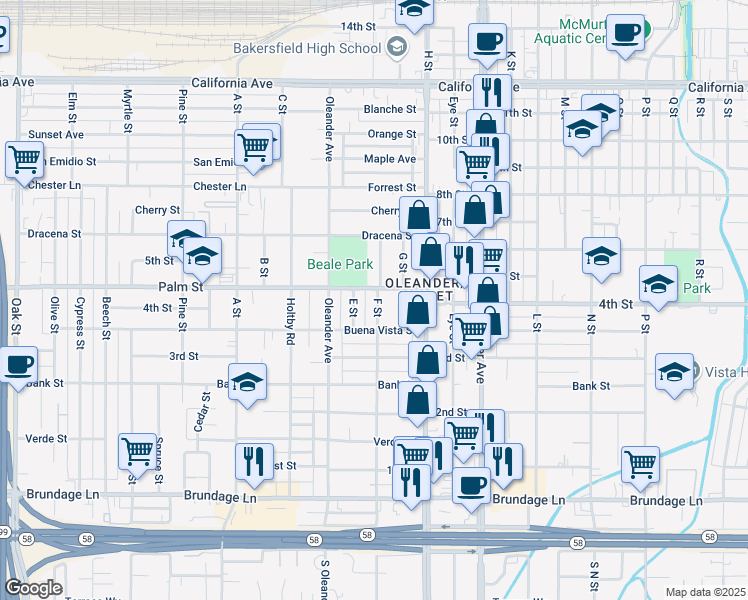 map of restaurants, bars, coffee shops, grocery stores, and more near 325 F Street in Bakersfield