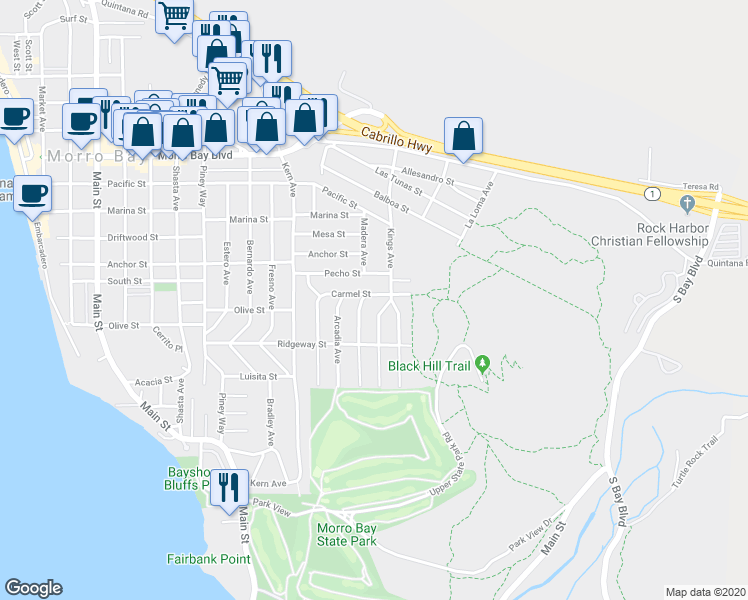 map of restaurants, bars, coffee shops, grocery stores, and more near 480 Tulare Avenue in Morro Bay