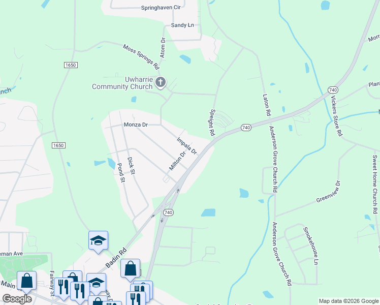map of restaurants, bars, coffee shops, grocery stores, and more near 402 Impala Drive in Albemarle